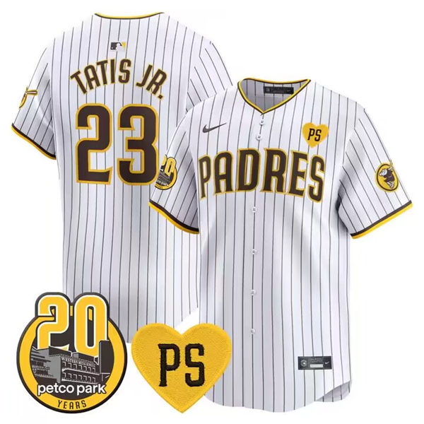 Men's San Diego Padres #23 Fernando Tatis Jr. White “For Peter” And Petco Park 20th Patch Limited Stitched Baseball Jersey